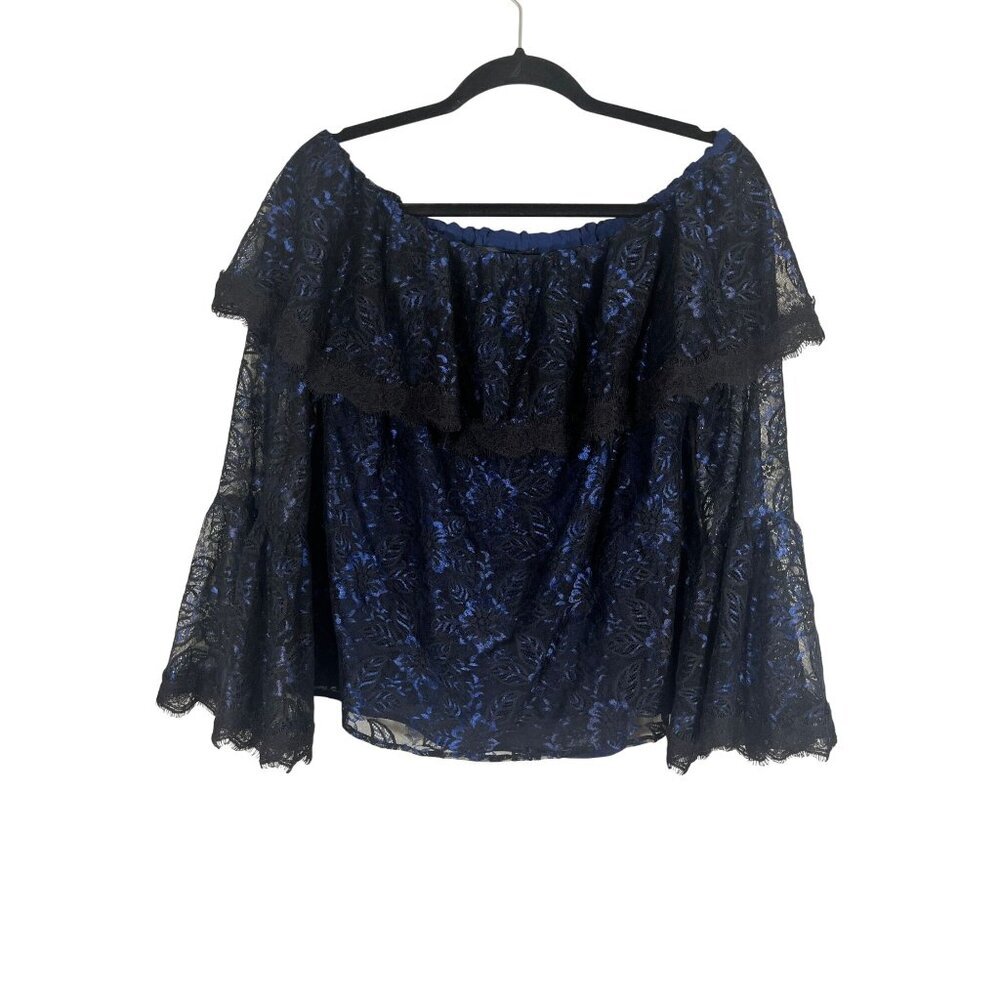 Retro Floral Lace Off Shoulder Top 10 Blue Ruffle Boho Festive Holiday Chic Folk